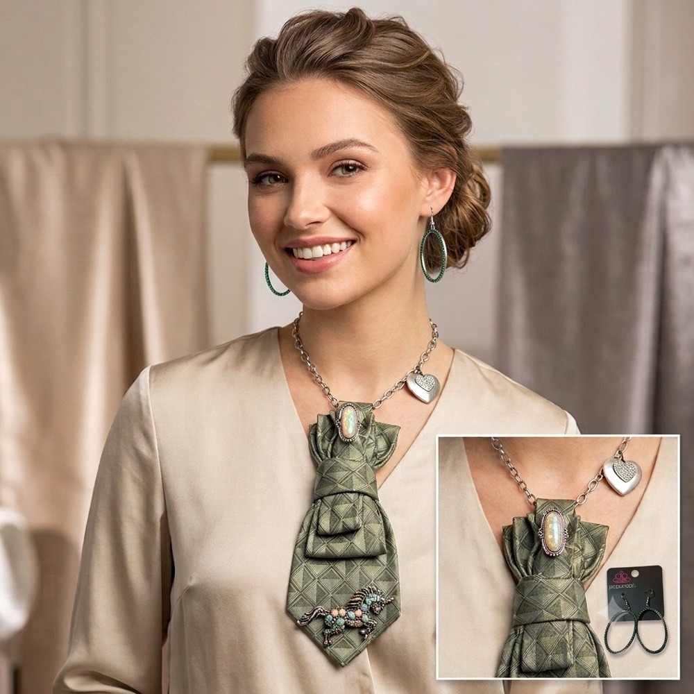 Machado George Machado Silk Tie Necklace Unicorn Brooch Paparazzi Earrings Set